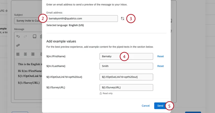 personalização de uma mensagem de teste