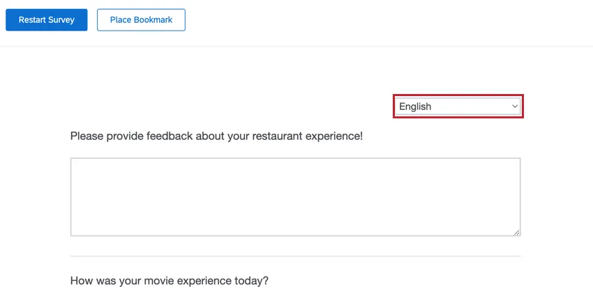 the language dropdown for choosing the language the survey is displayed in