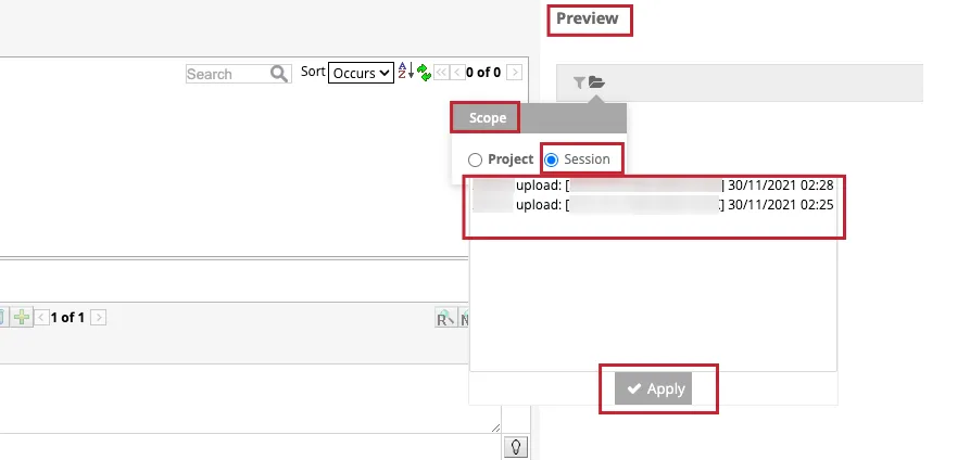 Click the folder icon in the Preview section, select the Session checkbox, click the specific upload session, and click Apply.