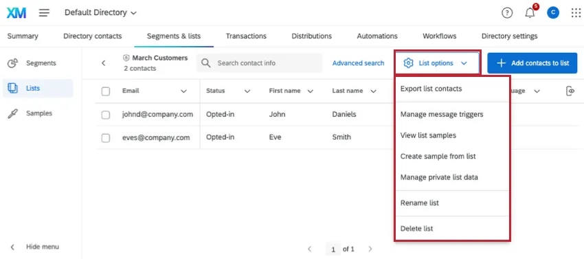 List Options expanded on the upper-right