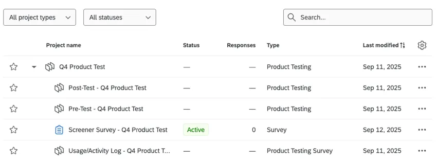 vista della pagina dei progetti che mostra i progetti allinterno di un programma di test del prodotto