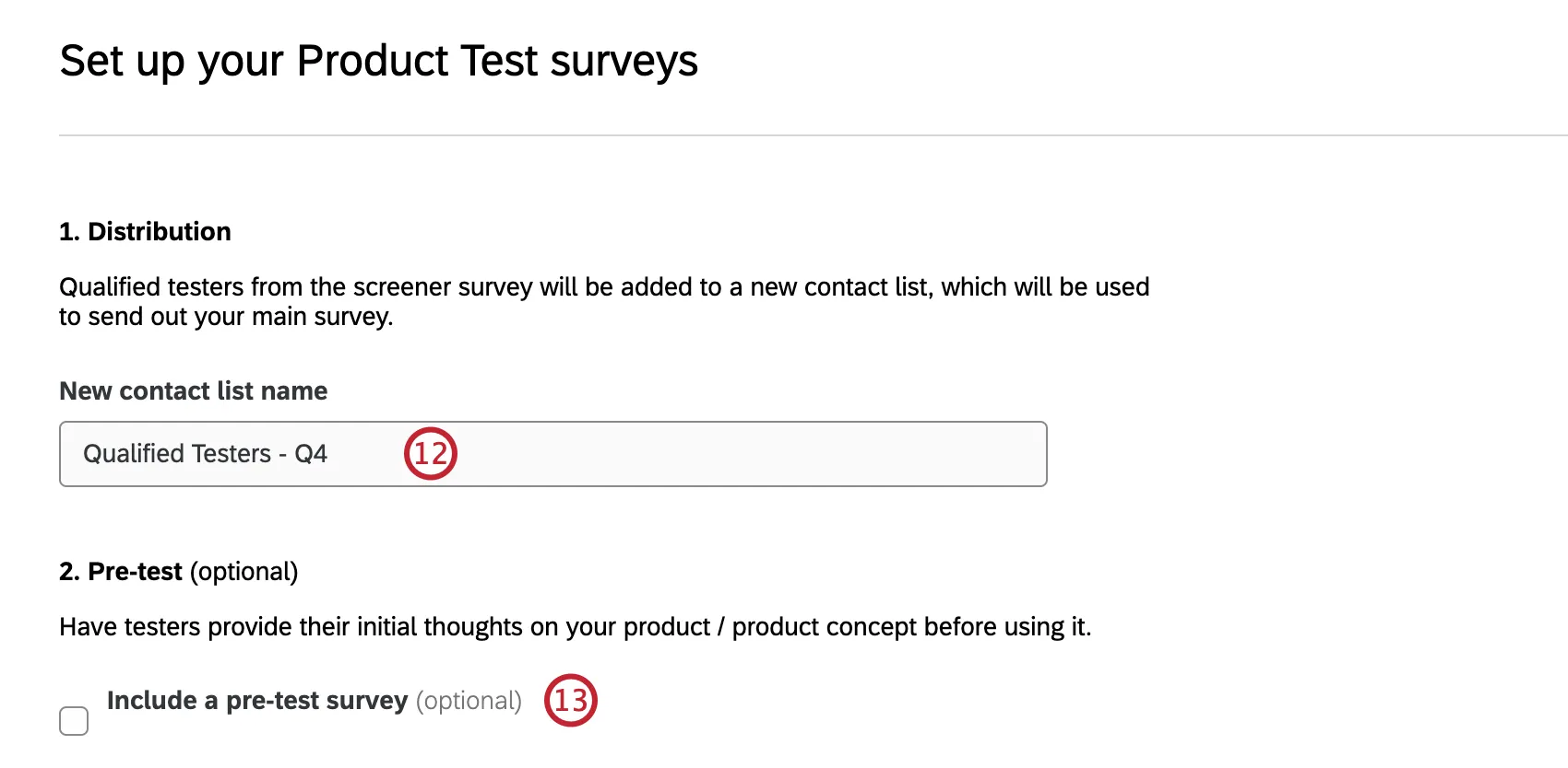 Opciones de configuración para configurar encuestas de prueba de productos
