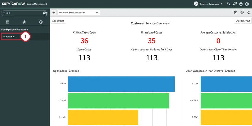ServiceNow abierto, generador de UI seleccionado a la izquierda