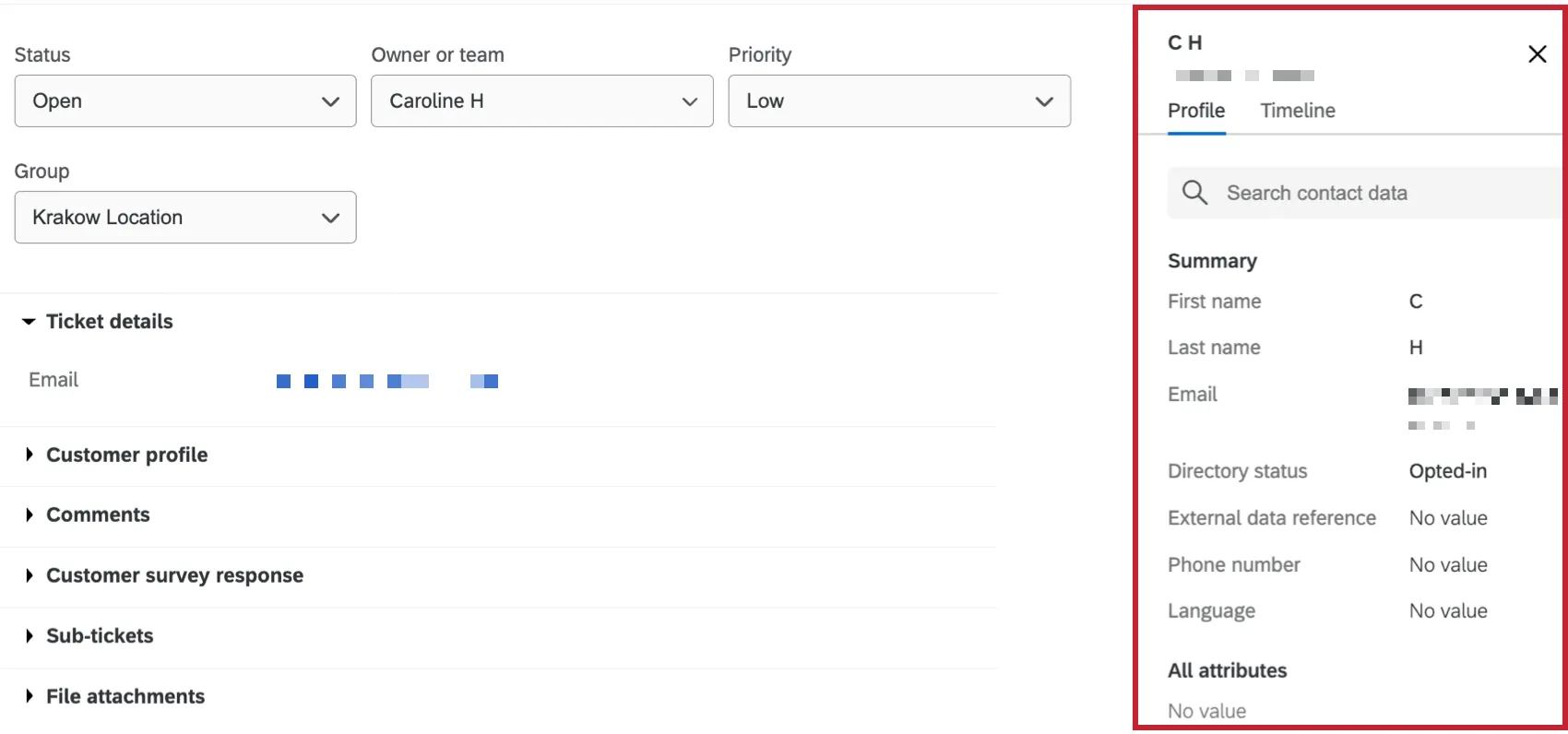 a janela de atividade do cliente em um tíquete