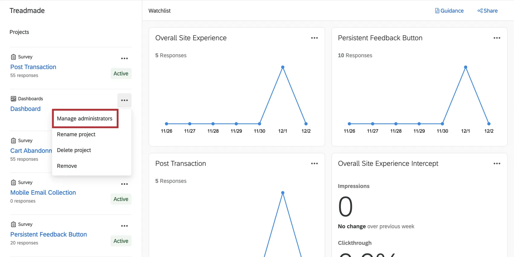 Dropdown of a dashboard project