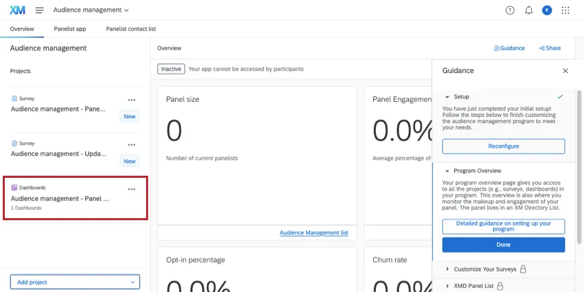 auf der Programmübersichtsseite befindet sich links eine Liste mit Projekten. Ein solches Projekt ist ein Dashboard