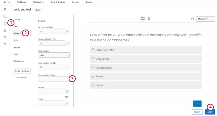 Pestaña General del menú apariencia y estilo. Se resalta la opción de preguntas por página y se ingresa un número en la opción.