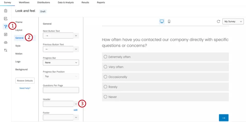 General tab of the look & feel menu. Edit button next to header field