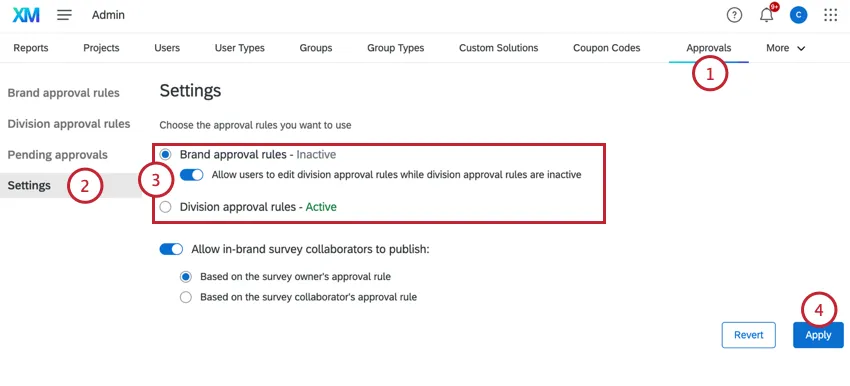 navigating to the settings section of approvals to change the approval method