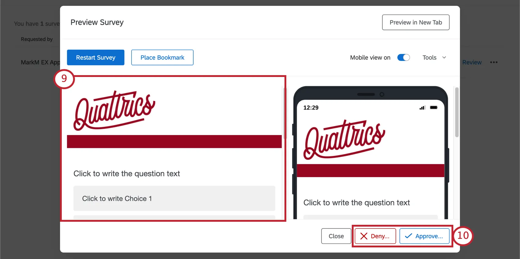 Survey preview window that appears when a survey approver clicks Review
