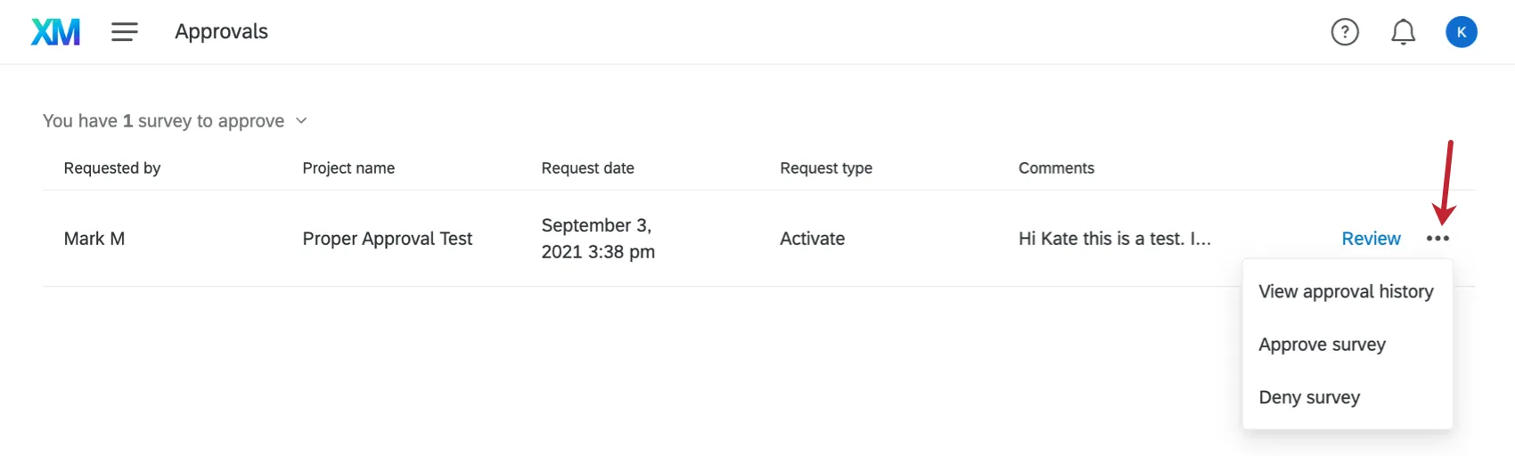 Immagine del menu a tendina nella pagina delle approvazioni dei progetti