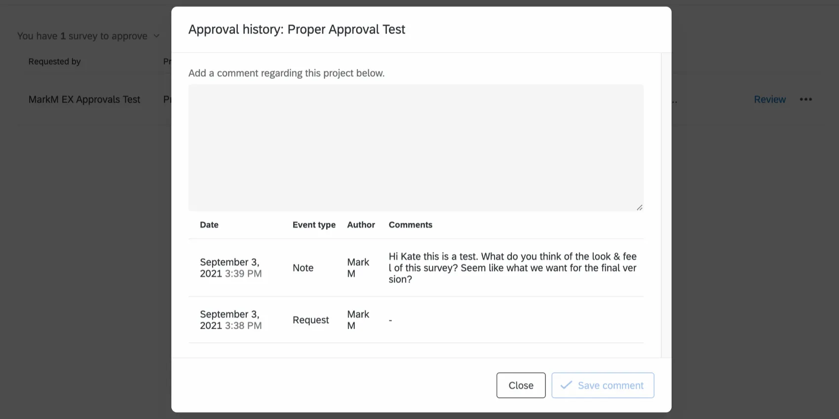 Picture of new window that opens. Here we see a comment describing the project and the approval the owner seeks