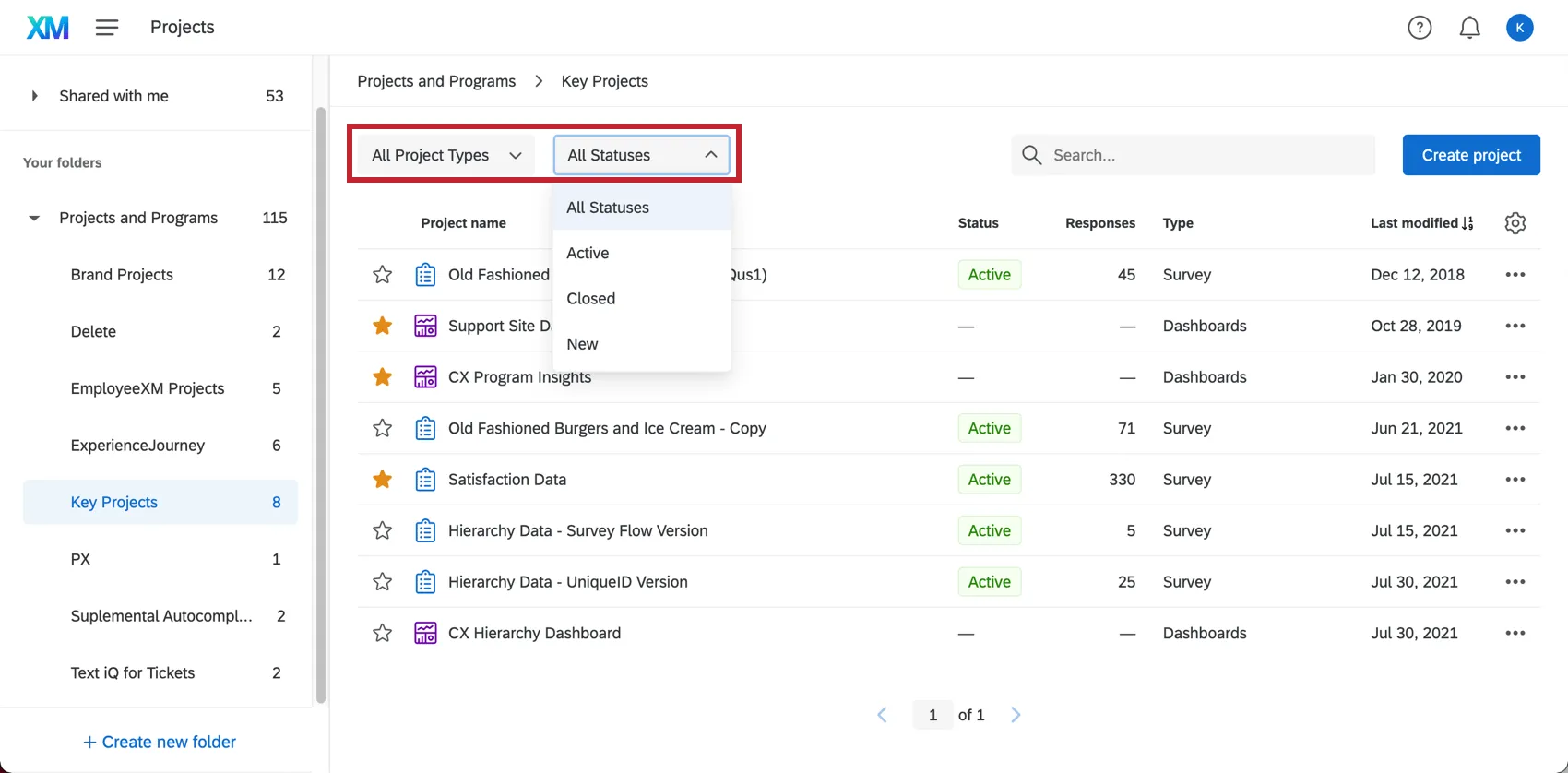In the projects page on the left; the leftmost filter says "all project types," the one to its right says "all statuses"