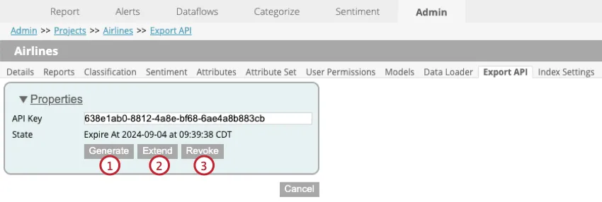 guia api de exportação nas configurações do projeto