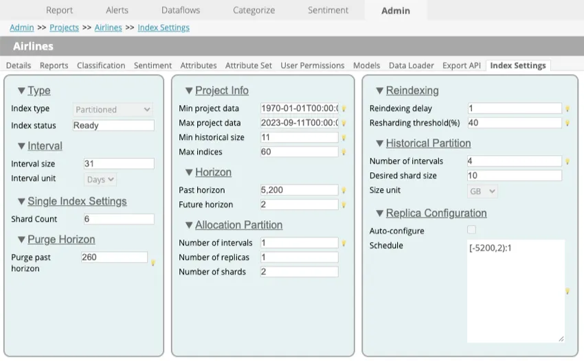 guia de configurações de índice nas configurações do projeto