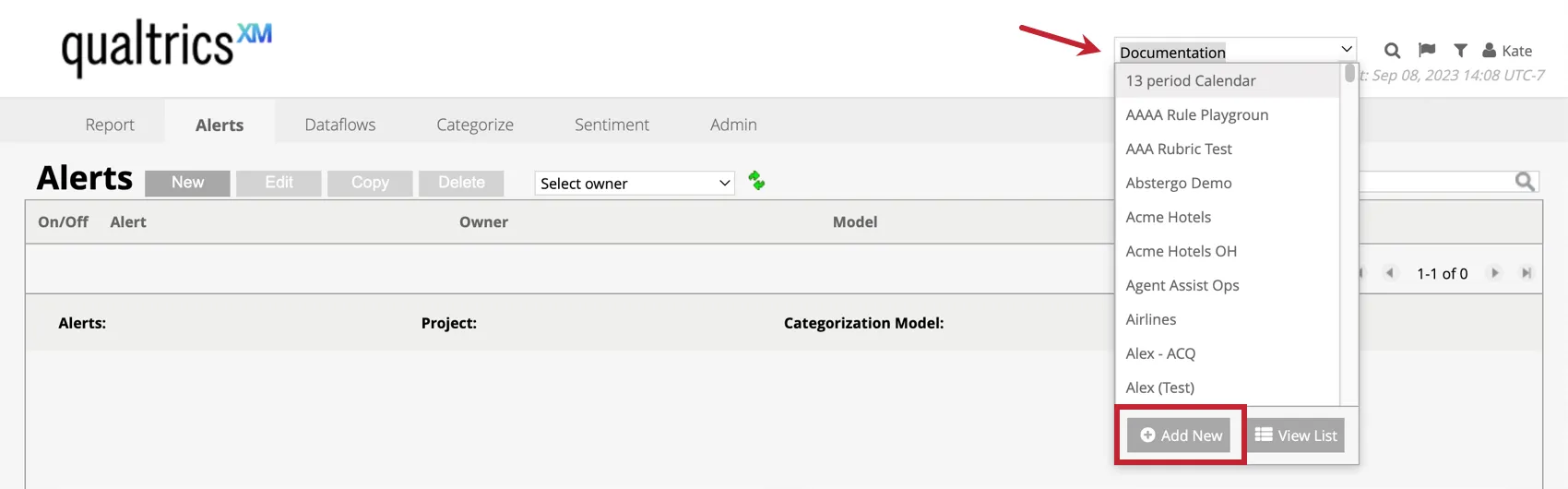 clicking the projects dropdown and choosing add new