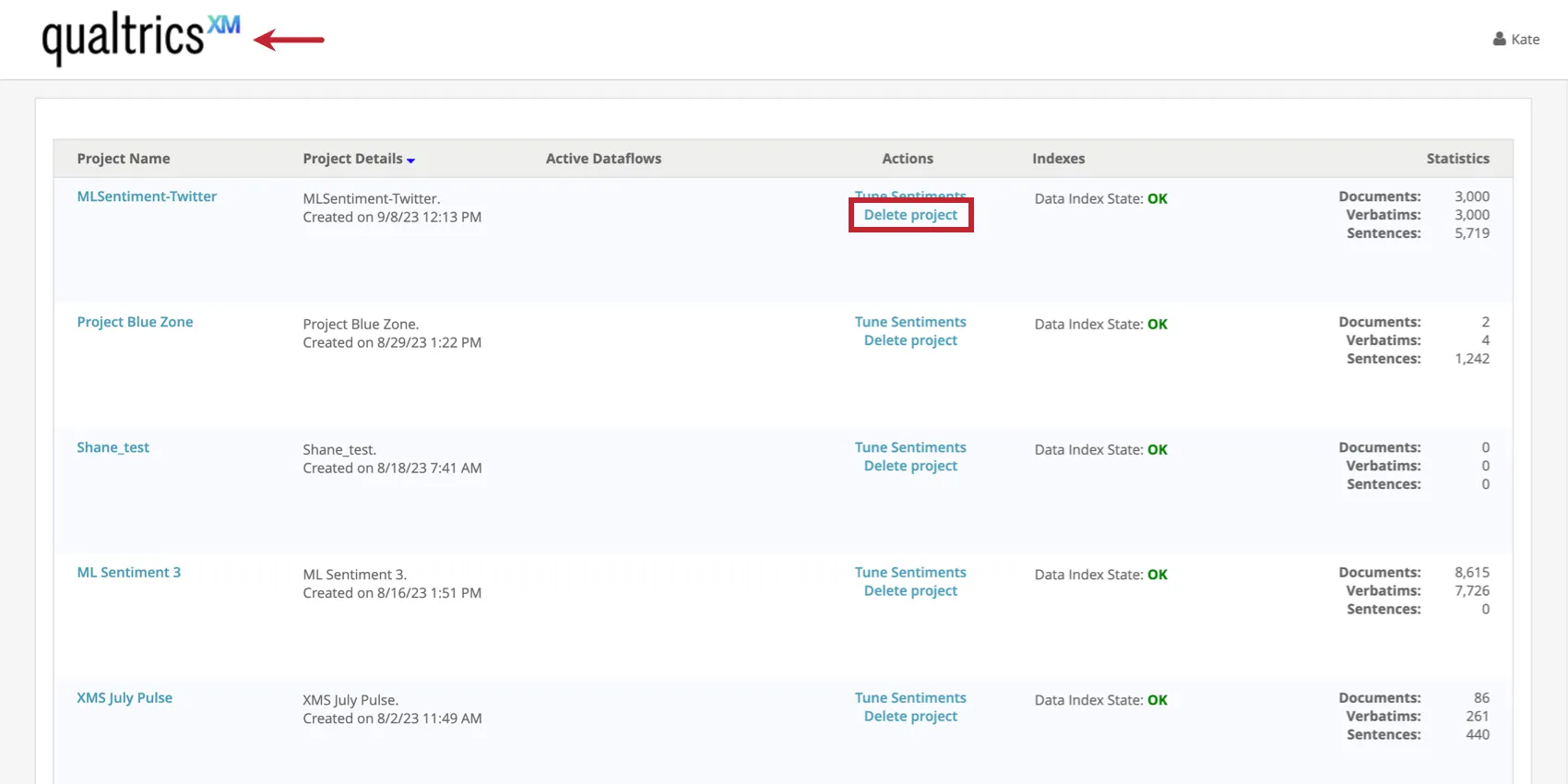 プロジェクトの削除をクリックする
