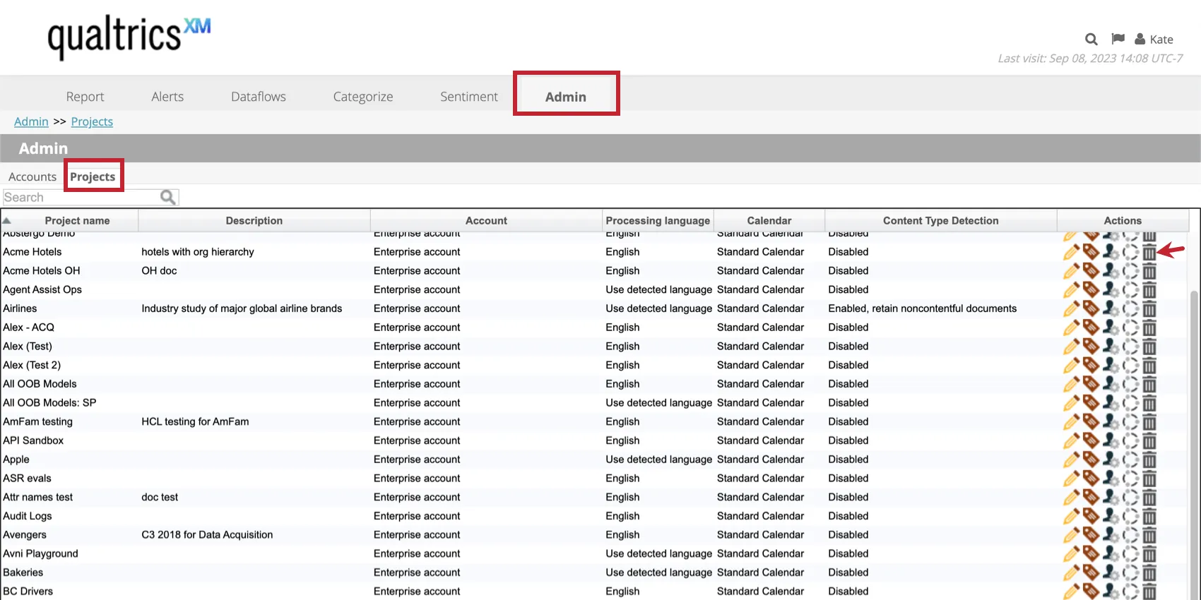 clicar no ícone lixeira lixeira para excluir um projeto