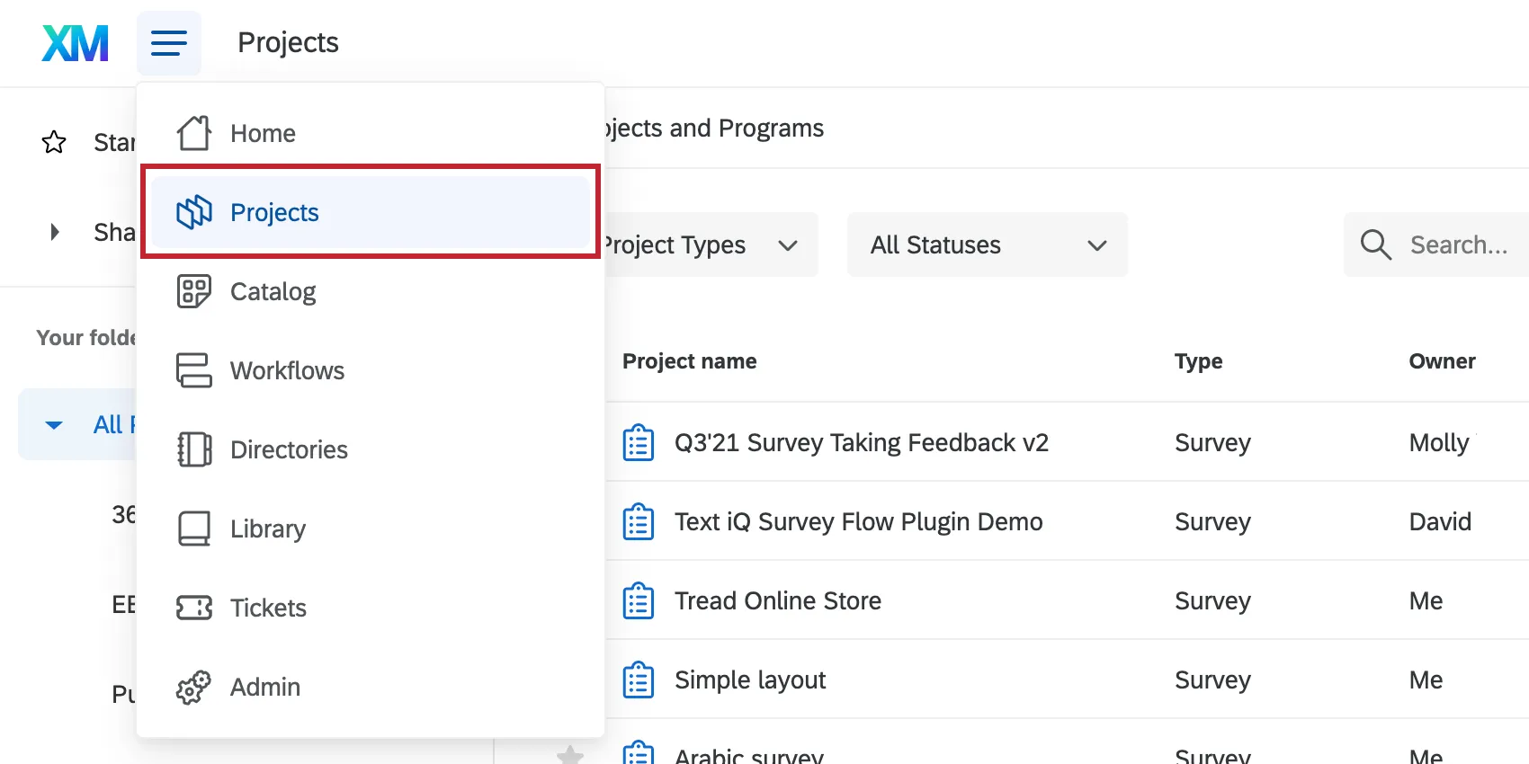 Menu de navegação aberto, projetos é o segundo item listado