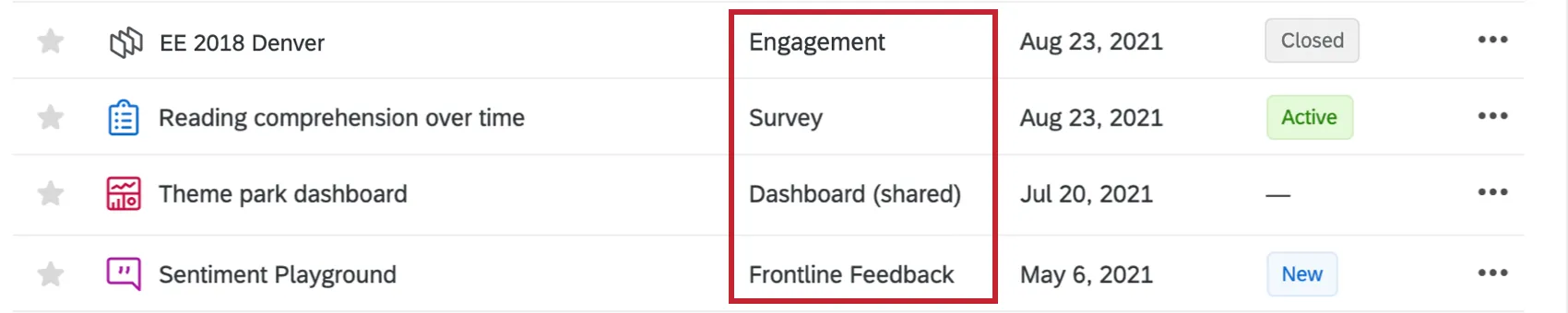 A few different project types with differing icons