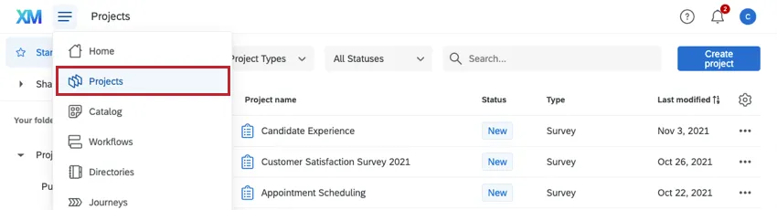 Navigation menu opened, projects is the second thing listed