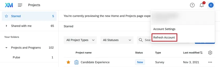 the refresh account option in the account settings menu