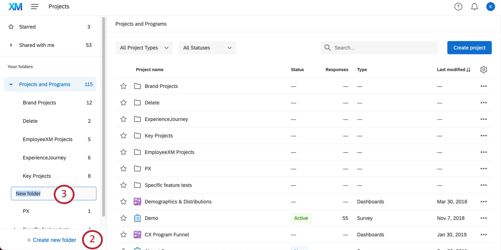 Create New Folder under folders list in lefthand pane of Projects page