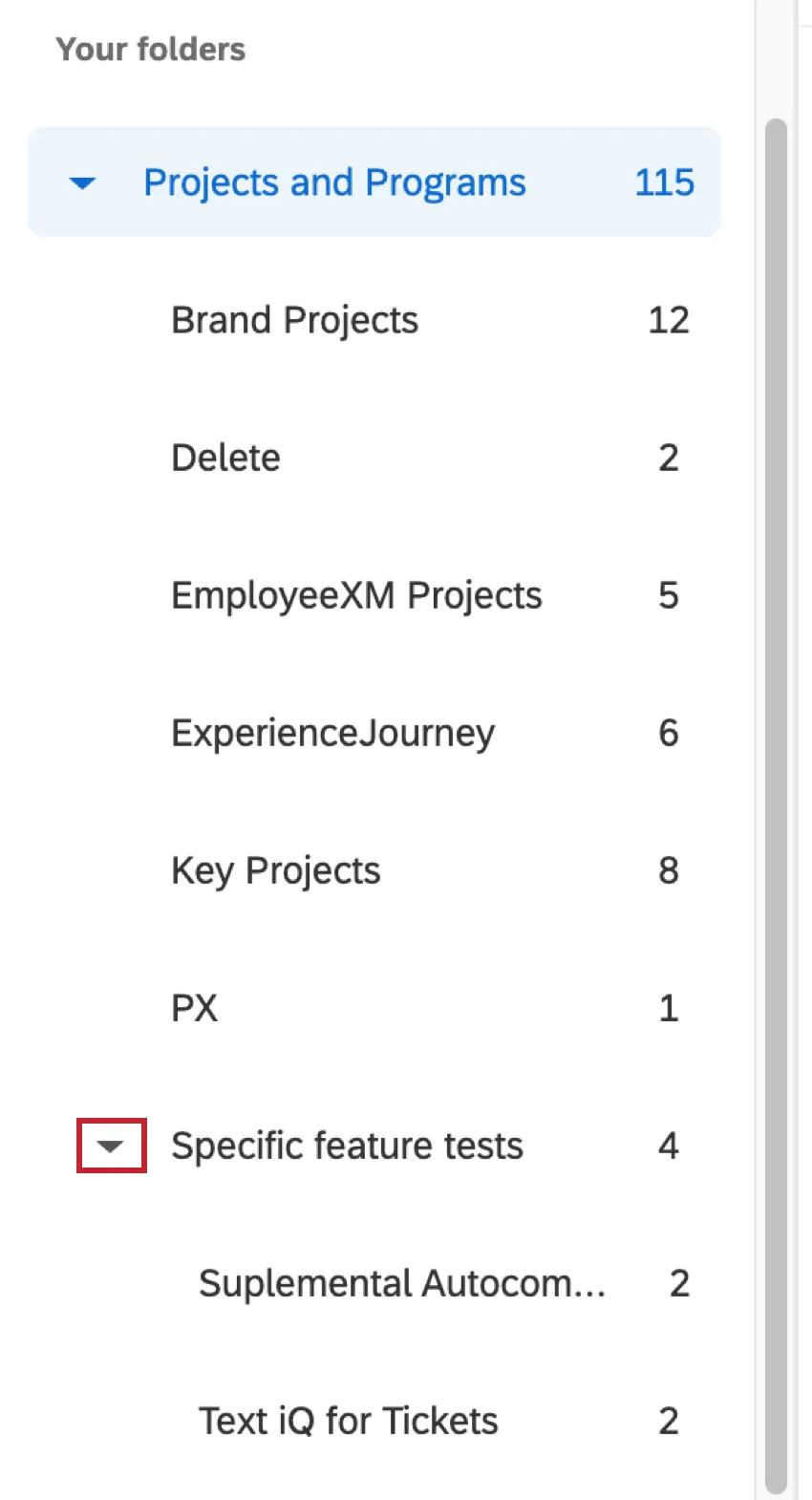 Nested folders with dropdown arrows
