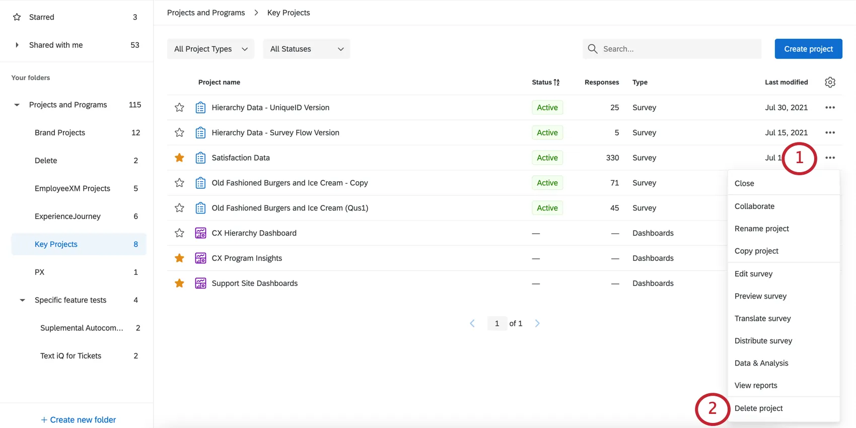 Selecting Delete Project from the actions dropdown