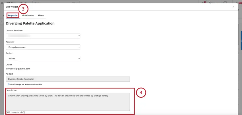 Wählen Sie im Fenster Widget bearbeiten die Registerkarte Eigenschaften. Bearbeiten Sie die Beschreibung im Feld Beschreibung.