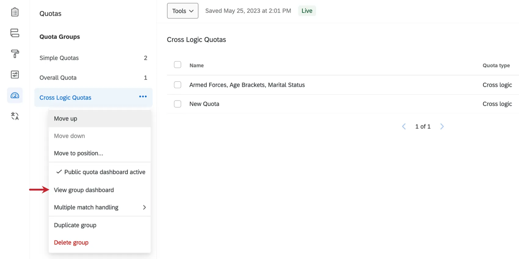 O menu suspenso avançar de um grupo cota tem uma opção de visualizar o dashboard grupo
