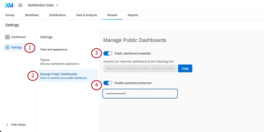 Se abre la página de configuración del Tablero de resultados , se hace clic en el botón del Tablero público y se muestran los botones correspondientes