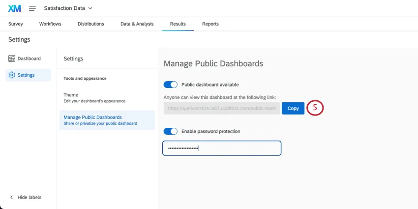 O botão Copiar avançar do link dashboard é destacado