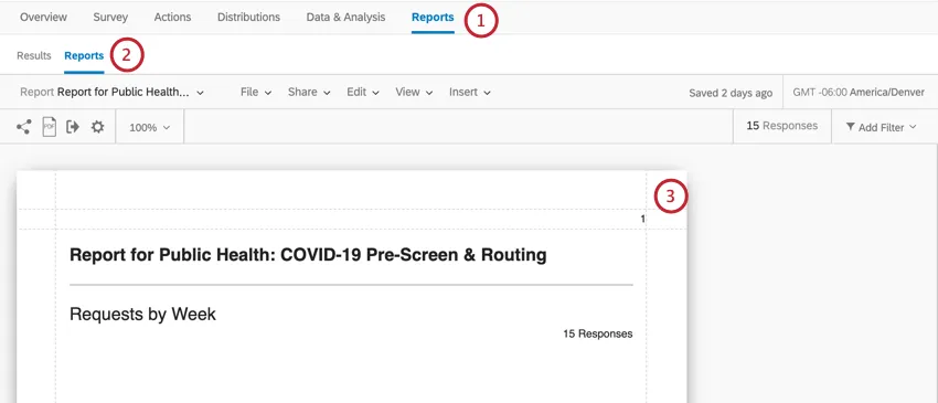 Reports is last tab. Under that, another reports button, to right of Results. Screenshot shows the report, with a blue bar graph