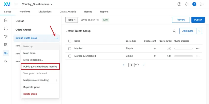 Dropdown next to quota group reveals public quota dashboard