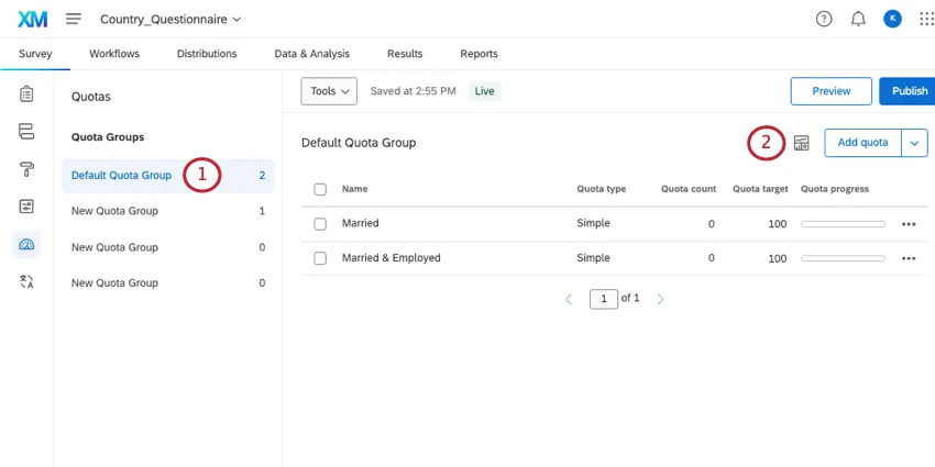 Quota group clicked and icon in upper-right highlighted
