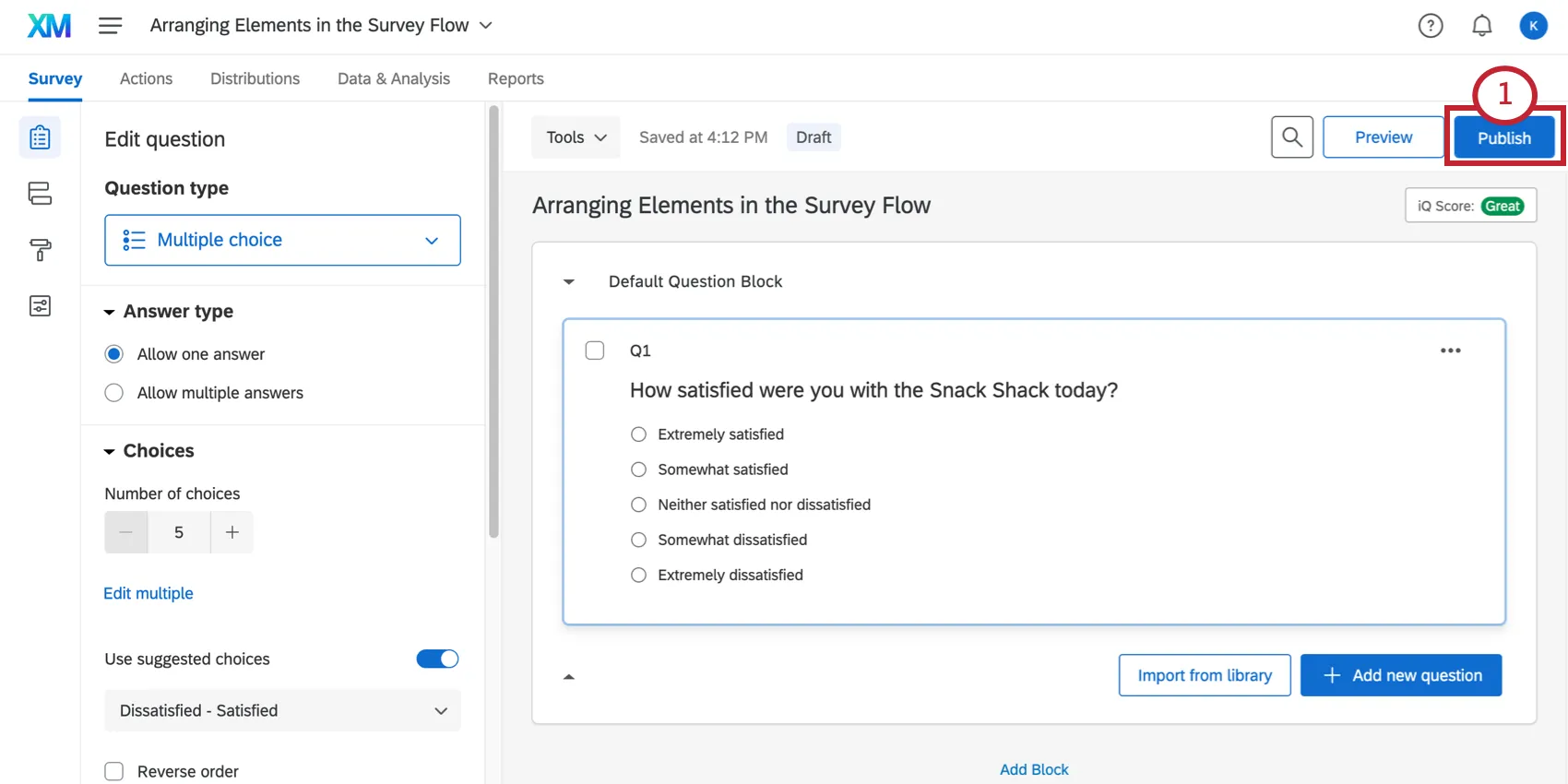 Publish button on upper-right of the survey editor