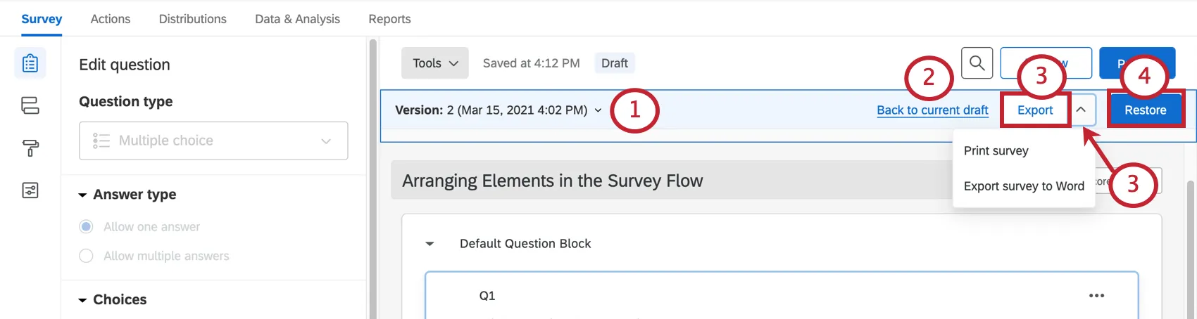 Version options bar along top of the survey builder