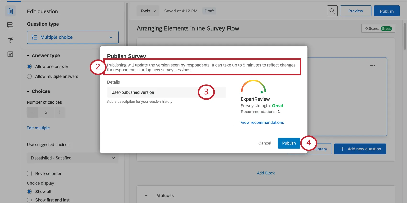 Publish window warning the survey will go active