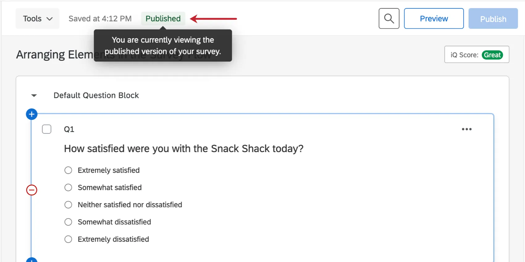 Published status in green on upper-right of the survey
