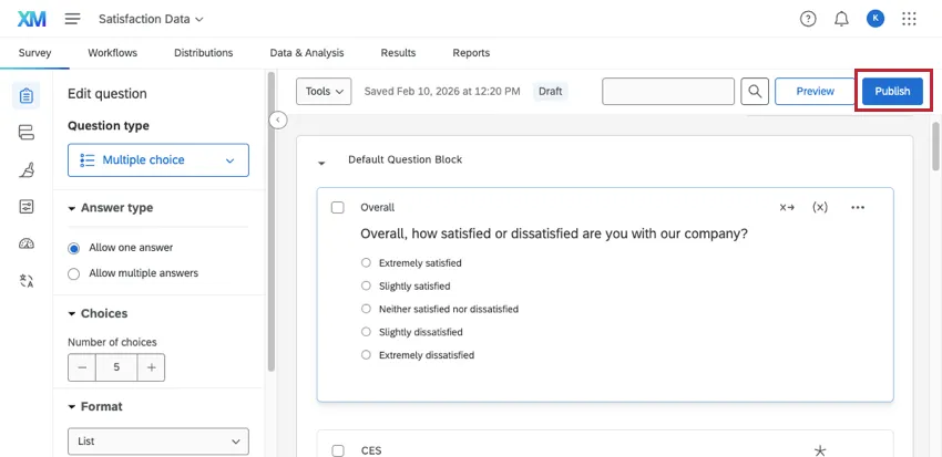Publish button in upper-right of survey builder page