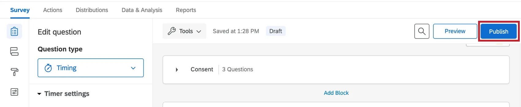 Image of Publish Survey button highlighted in the upper-right of a survey