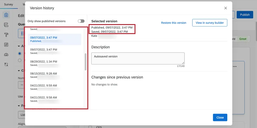 Links neben dem modalen Fenster können Sie durch Versionen blättern, die jeweils mit einem Datum benannt sind. Auf der rechten Seite sehen Sie Versionsdetails, einschließlich einiger Datumsangaben.