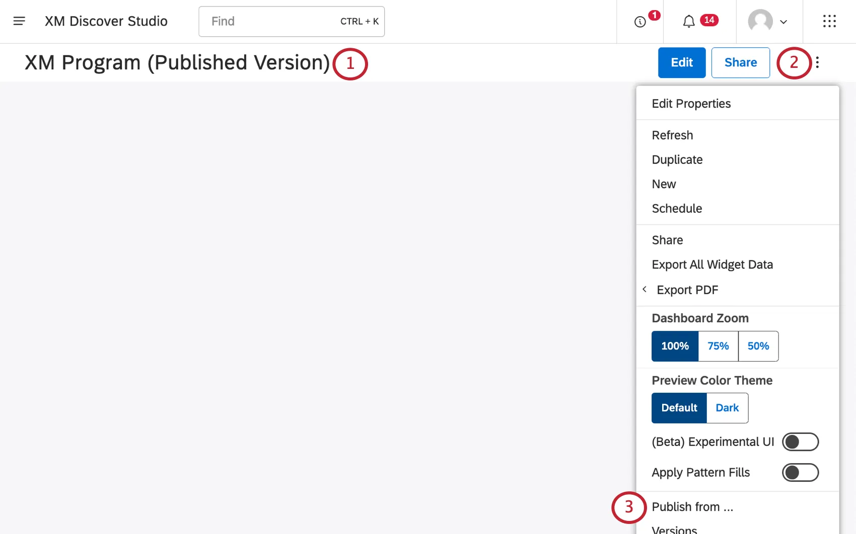 Opening 3 dot menu on a dashboard and selecting Publish From