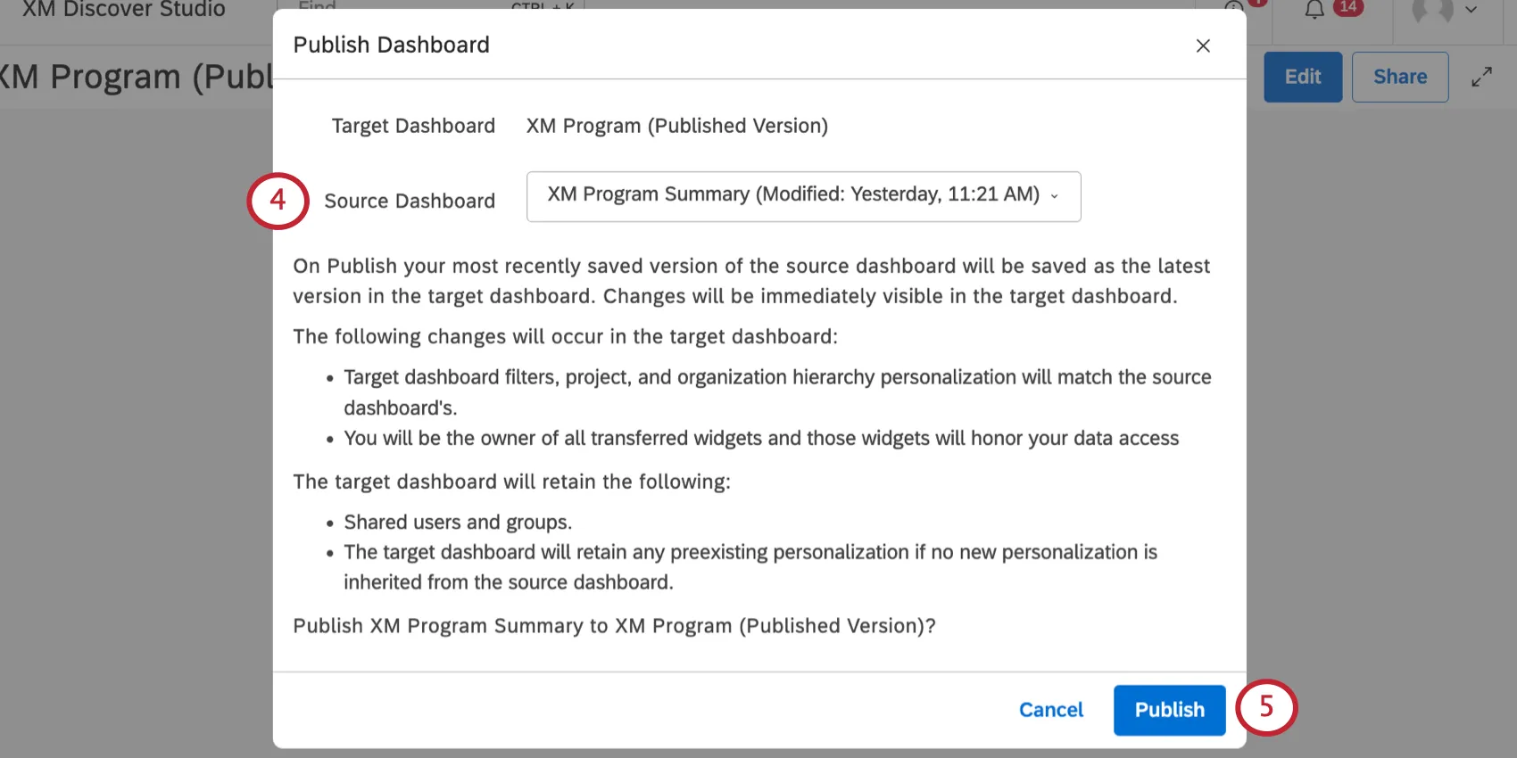 nuova finestra in cui si vede lorigine di pubblicazione della dashboard