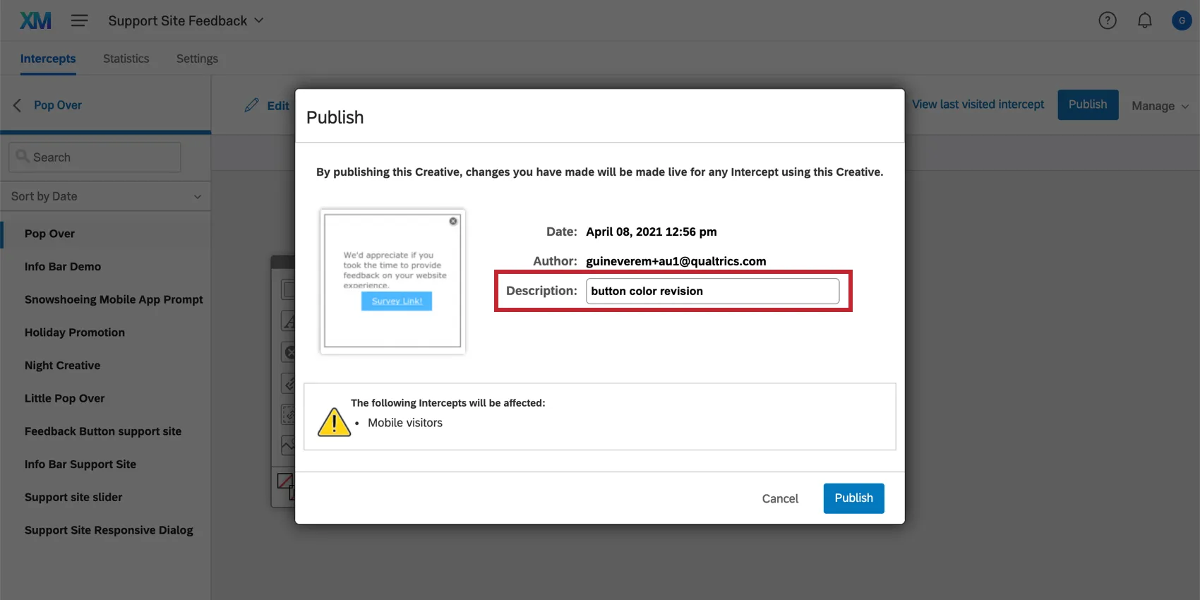 Publier un créatif avec une description