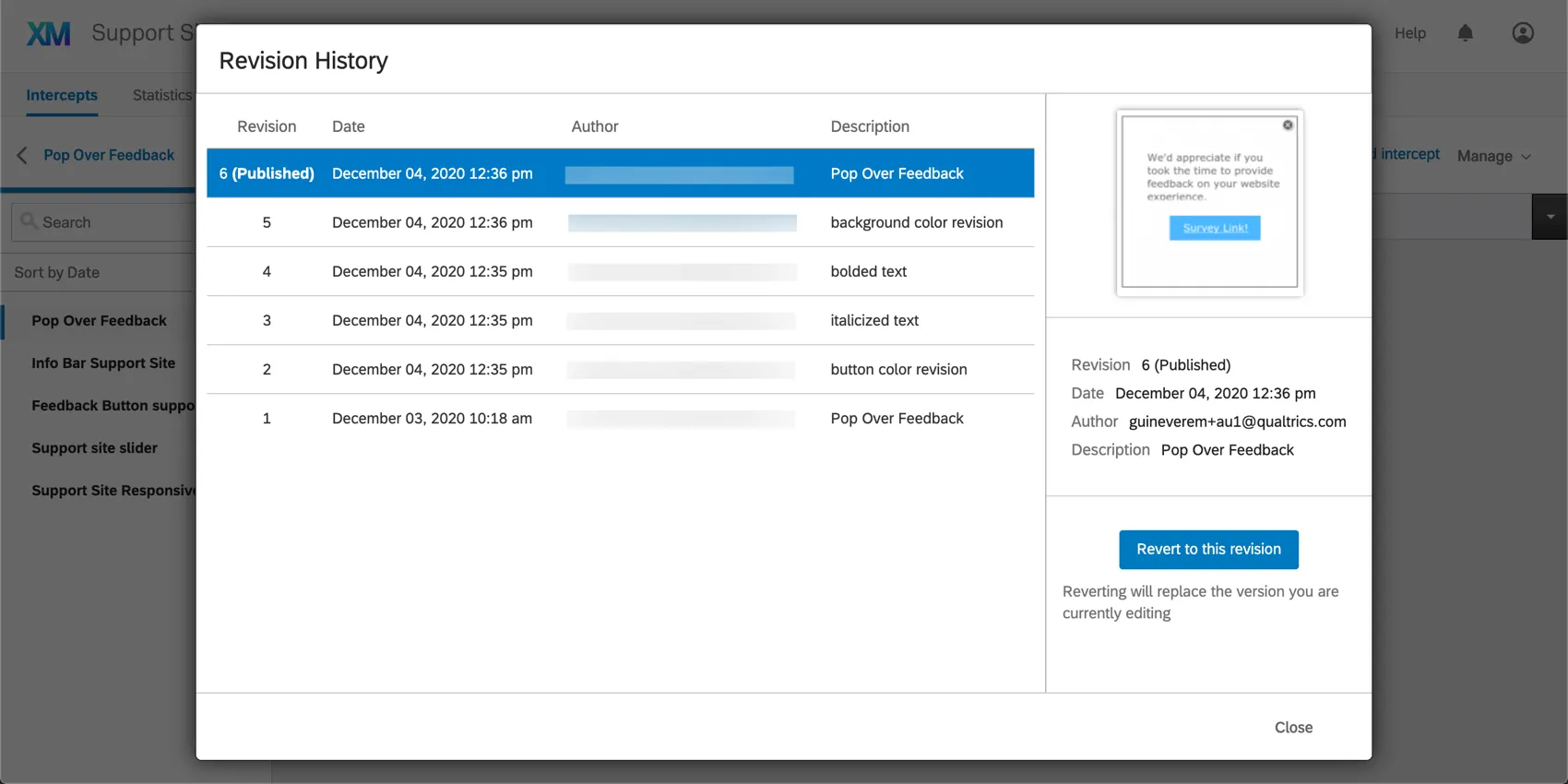 Revision History window with an Editing revision selected and the green Save a new revision button on the lower-right