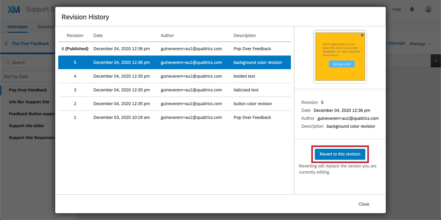 An older revision is selected, and the Revert to this revision button appears on the lower-right