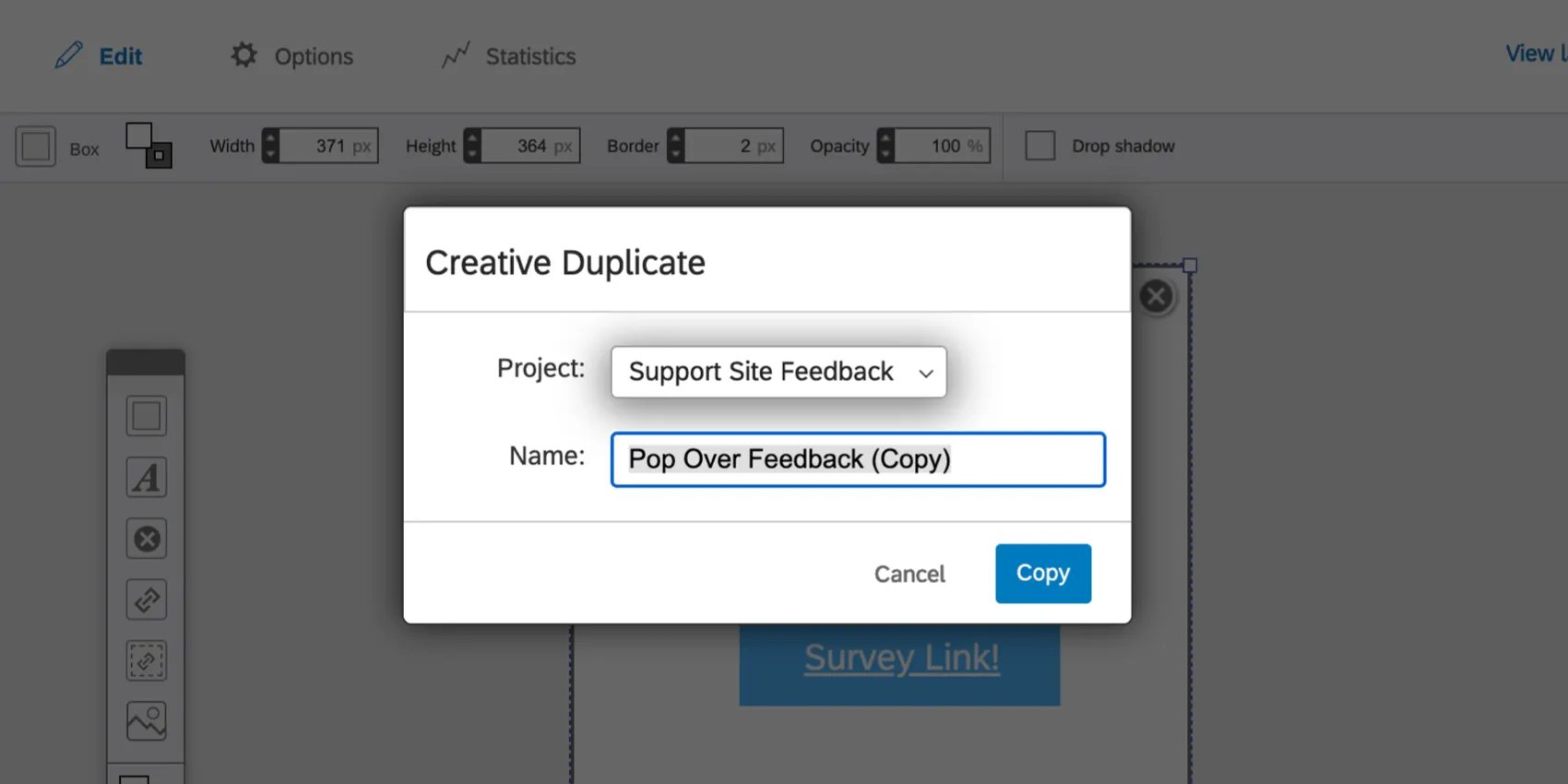 Copy Creative window with fields for selecting a project and for writing a name