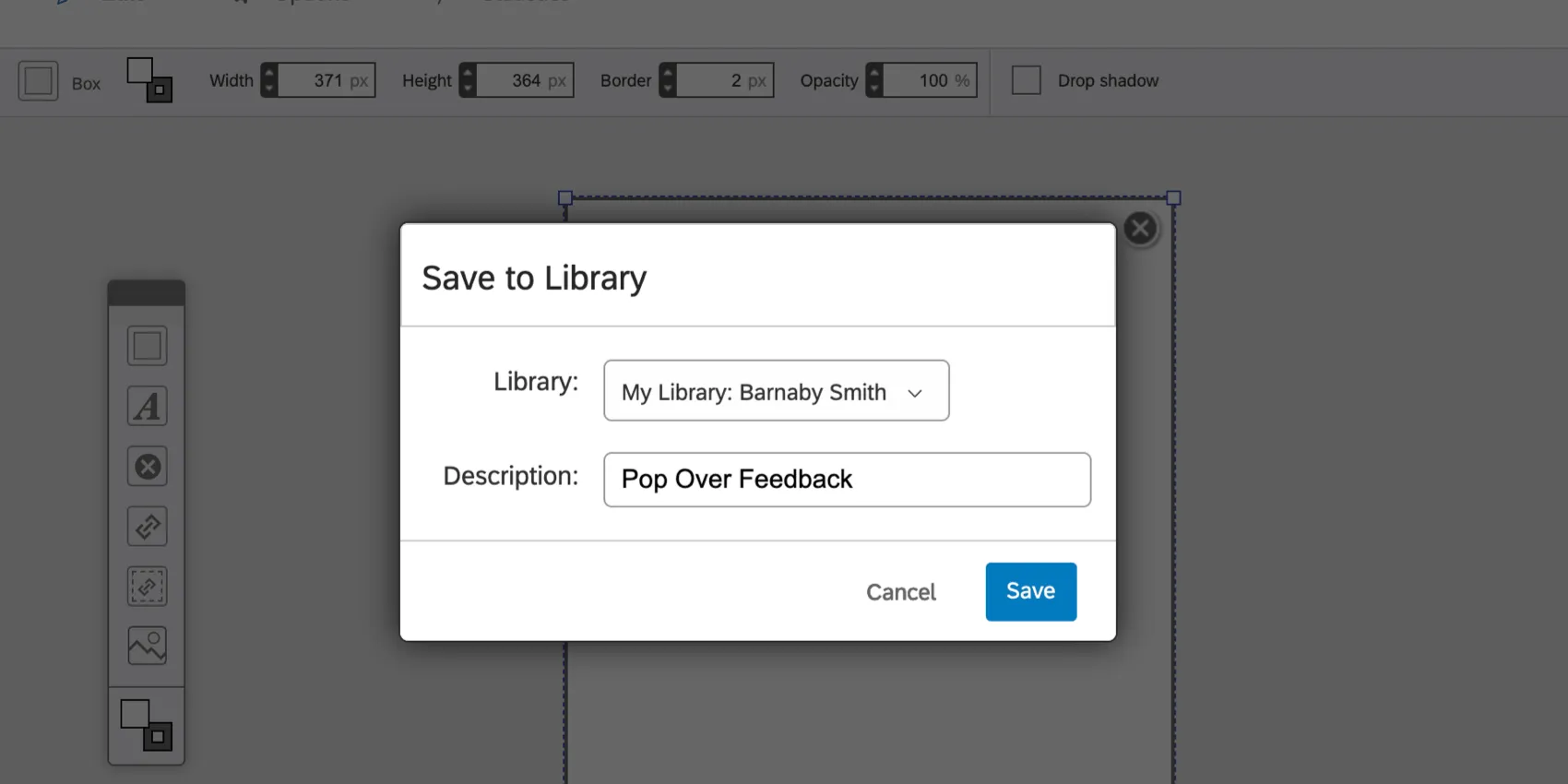 Save to Library window with fields for selecting the library and for naming the library file